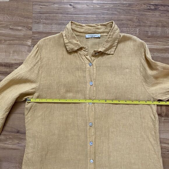 FRANCESCA BETTINI M Linen Yellow Button Shirt Dress Roll-Tab Cottage Lagenlook - Picture 12 of 16